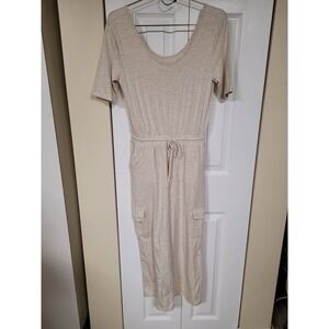 AnyBody Womens Oatmeal Heather Short Sleeve Cargo Pocket Jumpsuit XXSP Petite